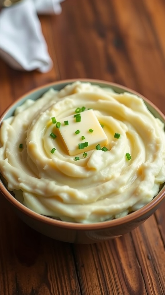 Creamy mashed potatoes in a bowl topped with butter and chives on a wooden table.